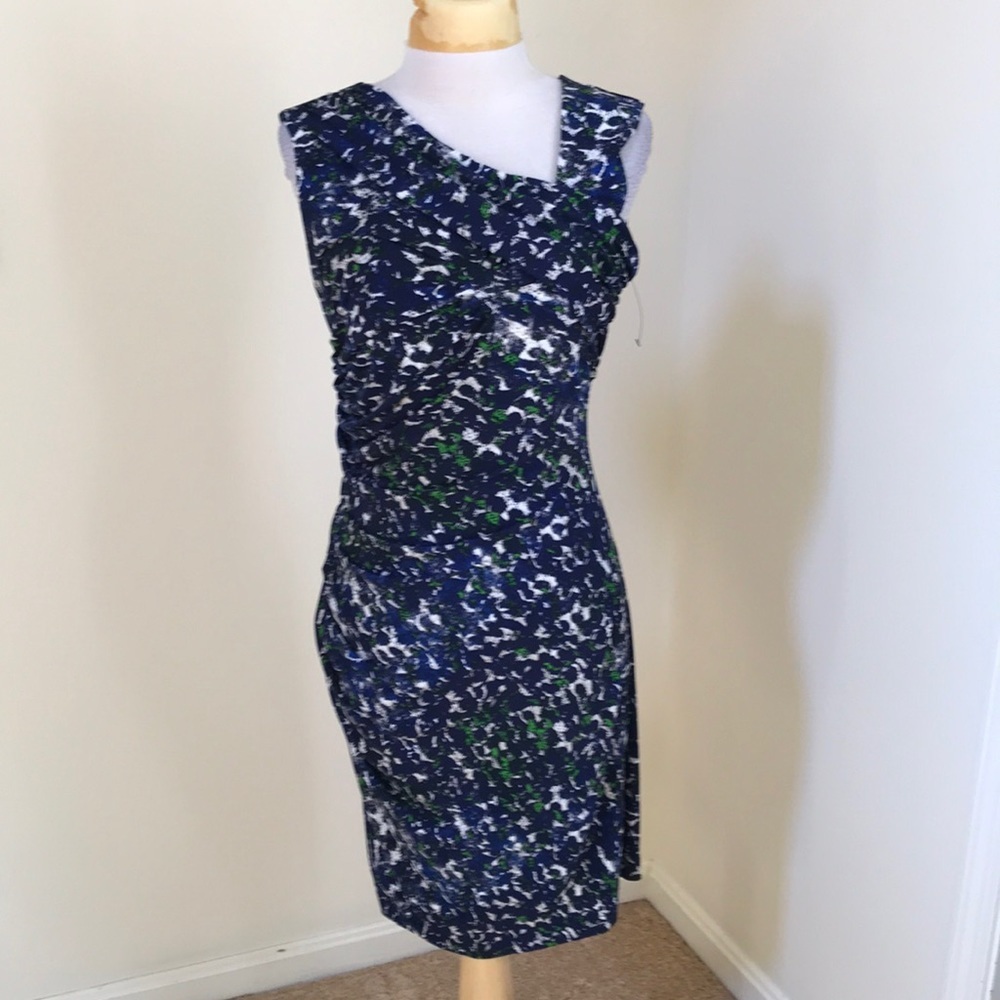 NWOT! Vince Camuto small blue/green multi draped front ruched dress.